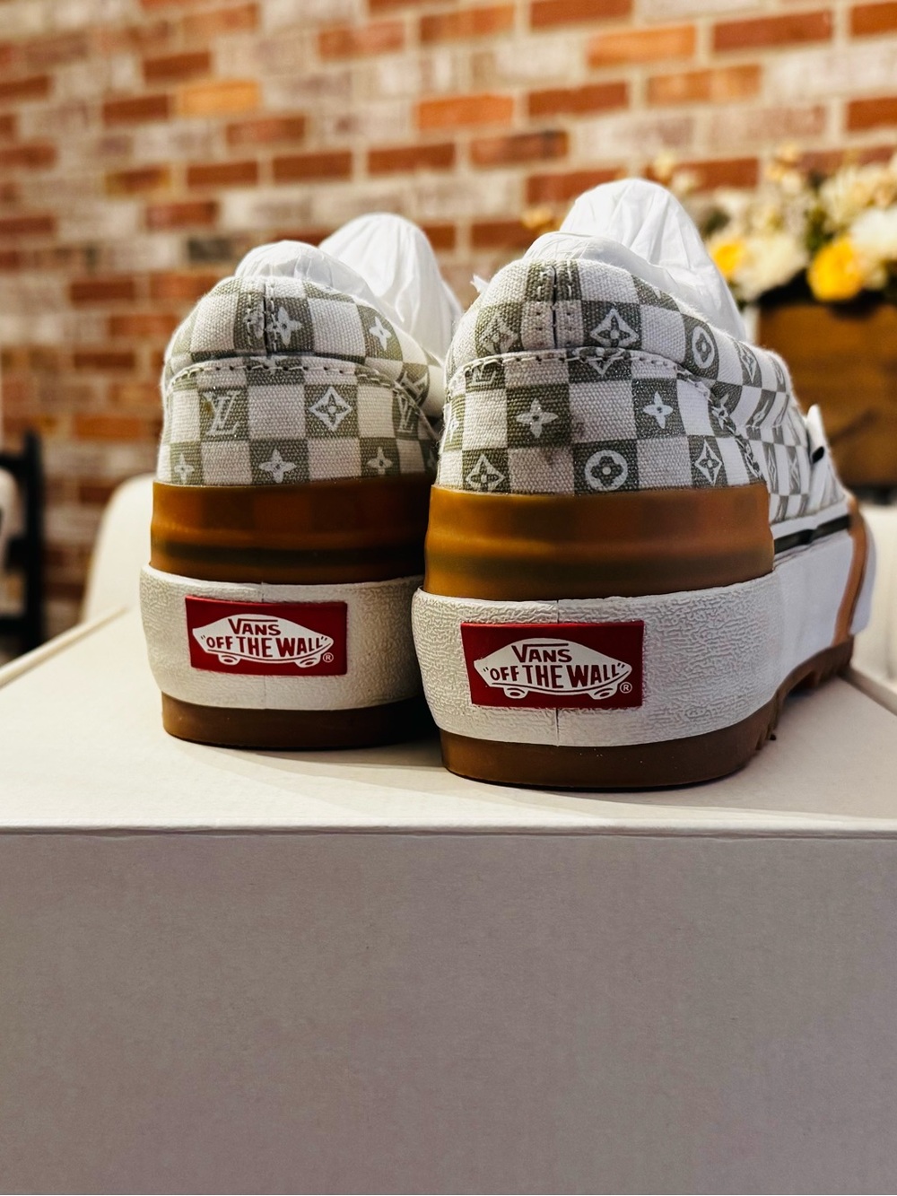 Custom Vans Slip-On Platform Sneakers - White & Olive Green Checkerboard - Picture 6 of 8